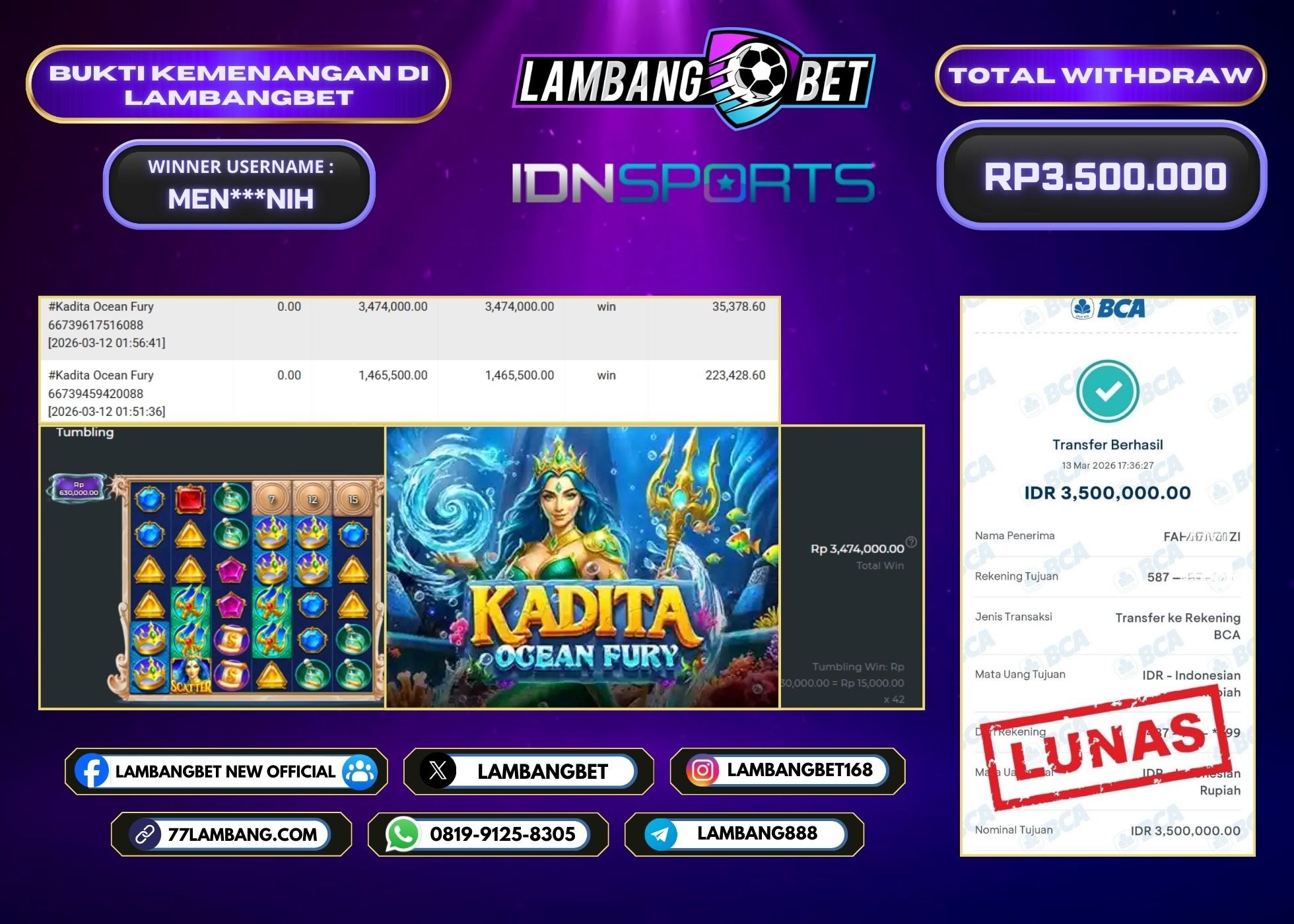 LAMBANGBET [13 MARET 2025] JACKPOT SLOT Kadita Ocean Fury "Rp3.500.000" LUNAS